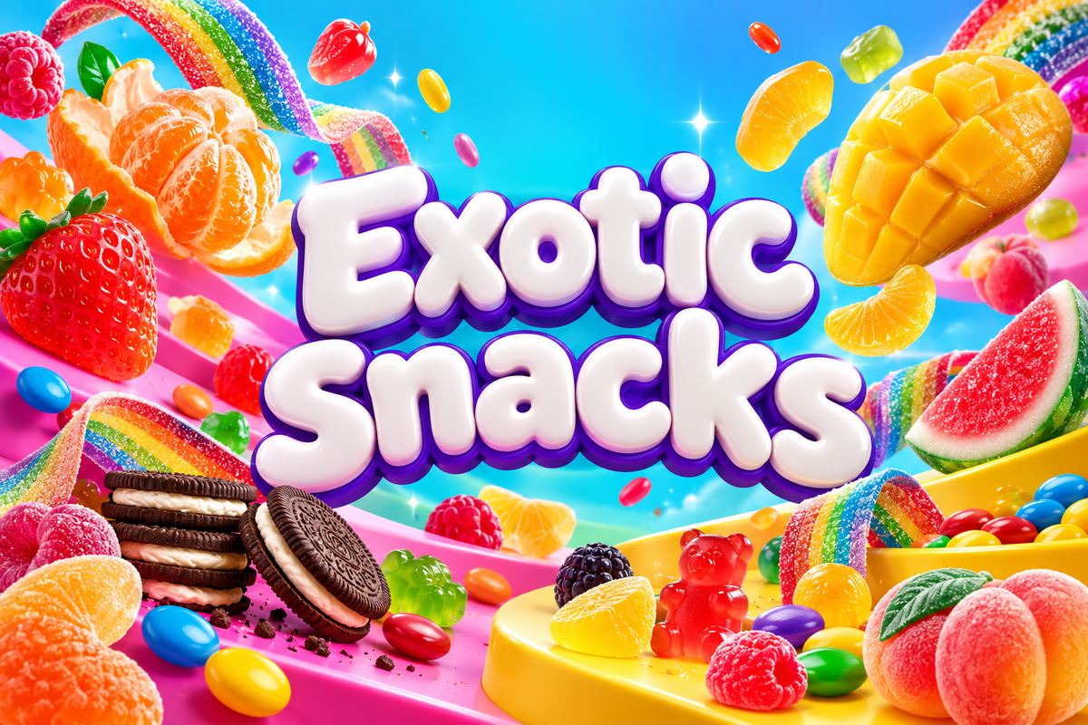 Exotic Snacks — colourful candy, fruit gummies and cookies