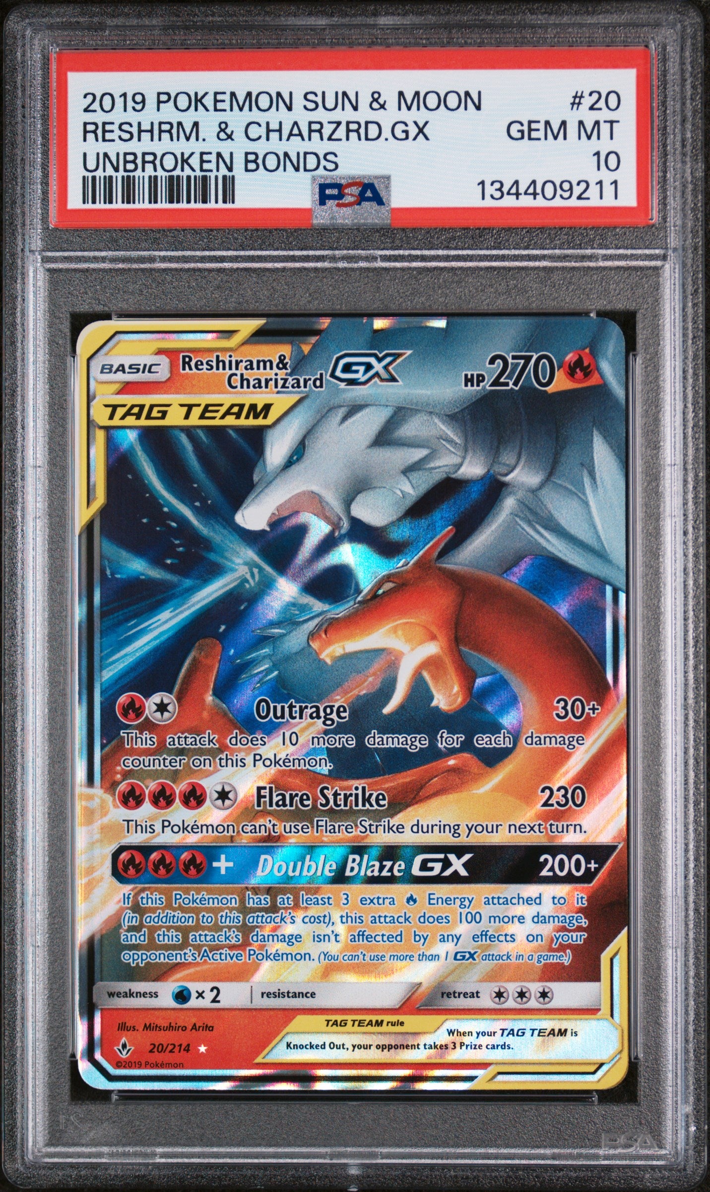 PSA 10 2019 POKEMON SUN & MOON UNBROKEN BONDS #20 RESHRM. & CHARZRD.GX UNBROKEN BONDS