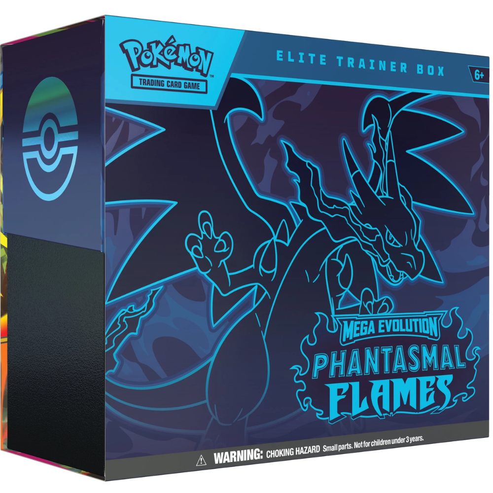 Pokémon trading card game elite trainer box with Mega Evolution Phantasmal Flames design on a white background