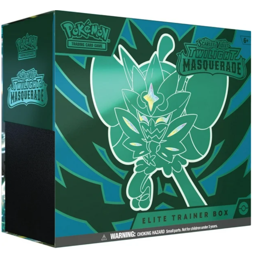 Pokémon Twilight Masquerade Elite Trainer Box packaging with a green and blue design. ETB