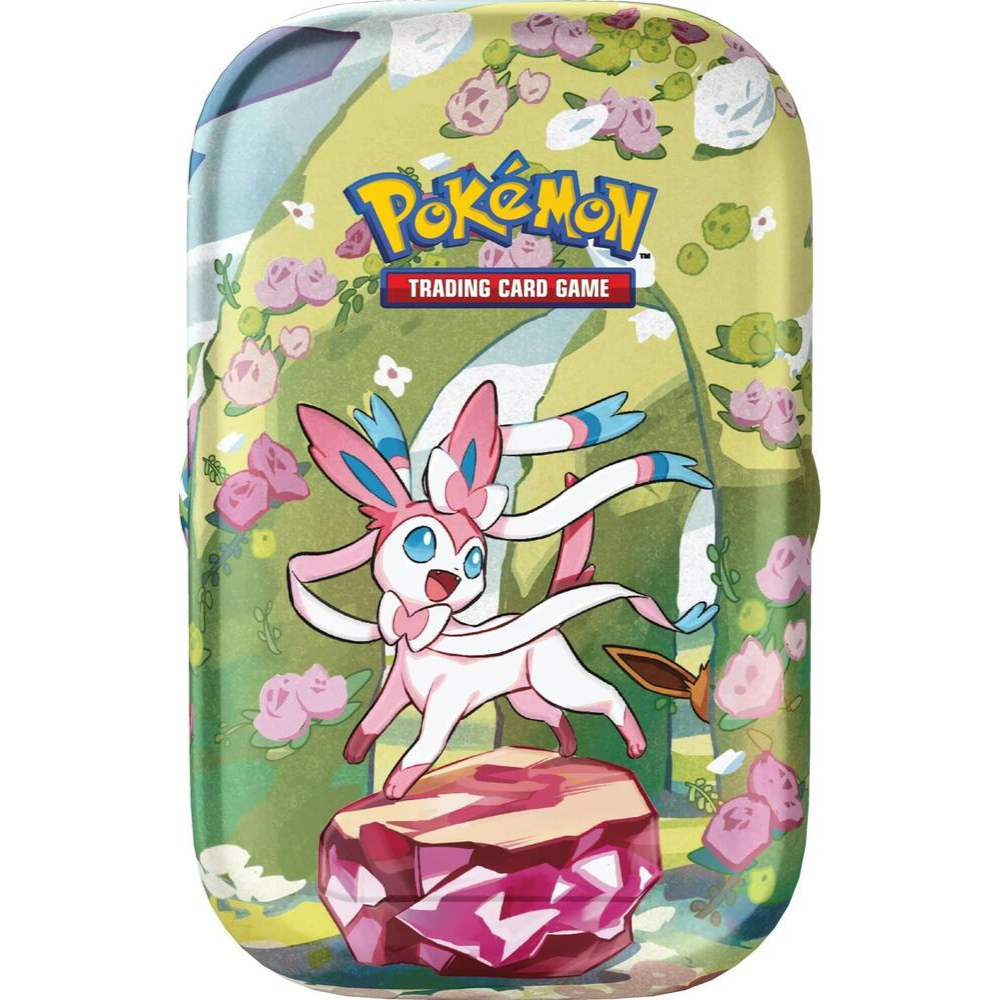 Pokémon trading card game packaging with a cartoon character on a green background. Sylveon