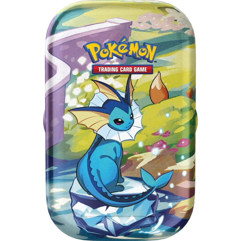 Pokémon trading card game tin with a blue dragon-like creature on a colorful background. Vaporeon