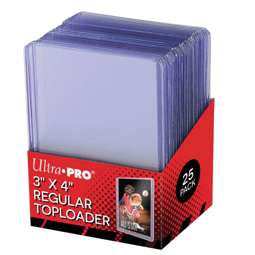 Super clear, regular 3" x 4" Toploader for standard size cards (2-1/2" x 3-1/2"). Rigid plastic encloses card and keeps it clean while preventing damage. 25 Toploaders per pack.

• Sized to hold 2-1/2" x 3-1/2" (63.5mm x 88.9mm) standard size cards
• Holds cards up to 35pt thickness
• Keeps cards clean
• Ultra clear and durable construction
• Sized to hold Ultra PRO Premium Cards Sleeves (#81385) and Card Sleeves (#81126)